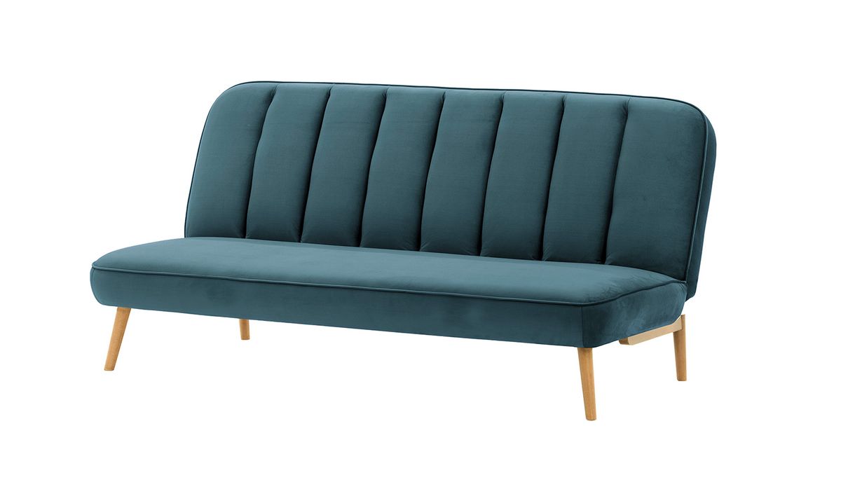 Canapé convertible click-clack Lull, bleu - Velluto 12, Couleur des pieds: Chêne clair