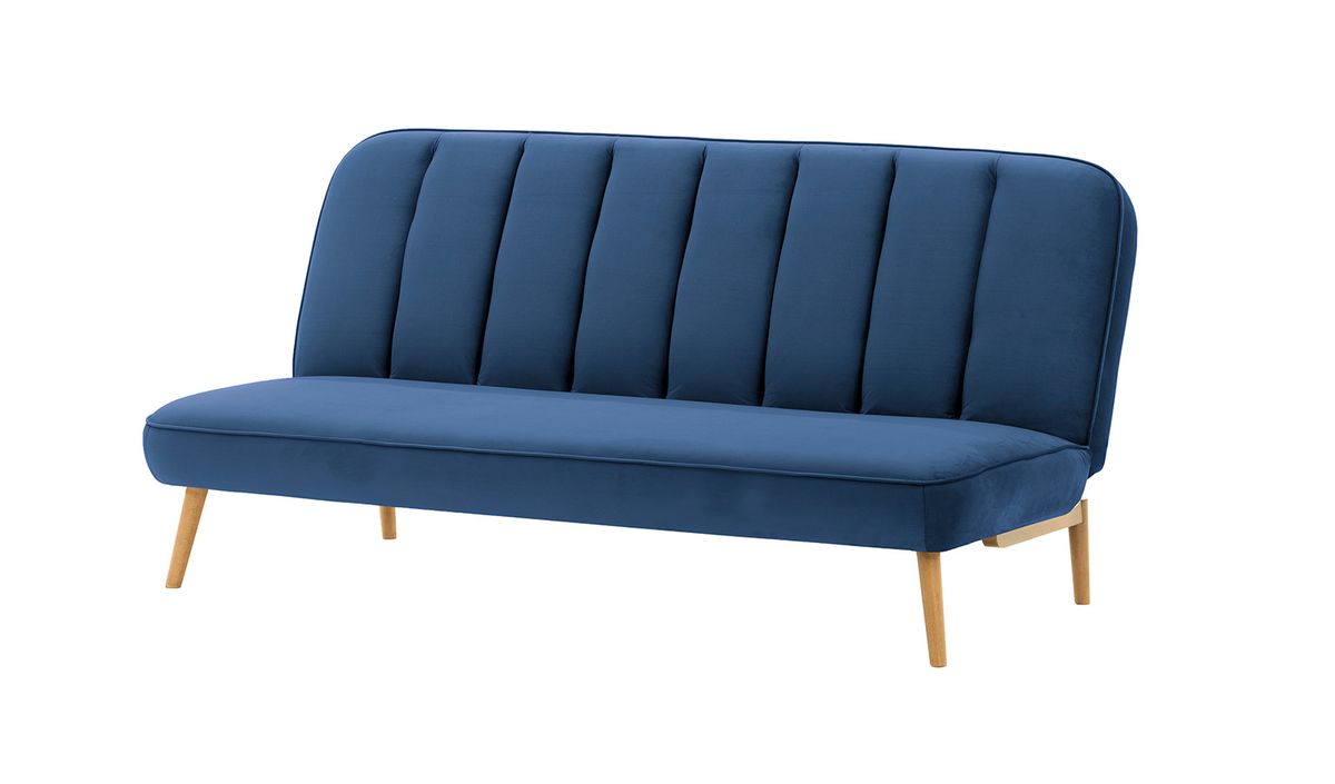 Canapé convertible click-clack Lull, bleu - Velluto 11, Couleur des pieds: Chêne clair