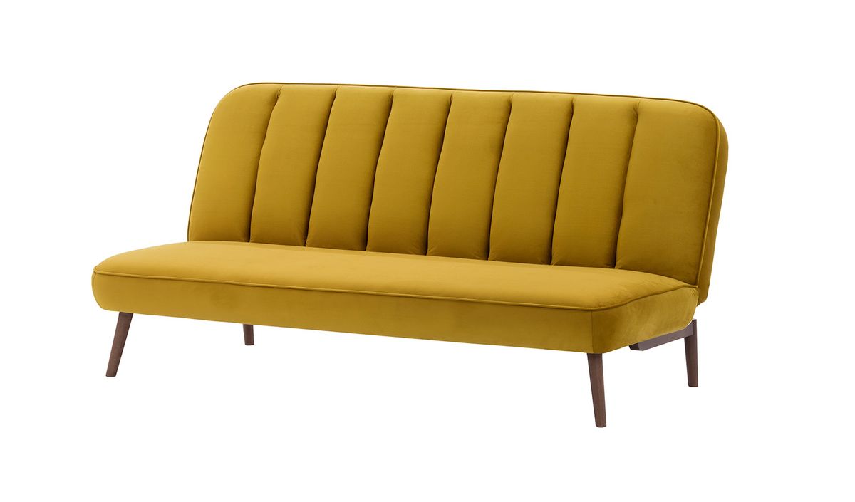 Canapé convertible click-clack Lull, moutarde - Velluto 8, Couleur des pieds: Chêne foncé