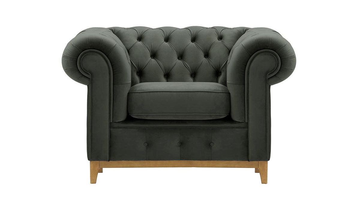 Fauteuil Chesterfield Grand, graphite - Velluto 19, Couleur des pieds: Chêne clair