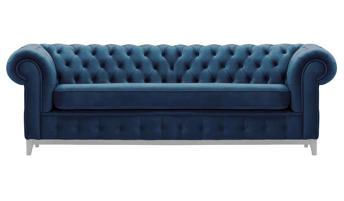 Canapé trois places Chesterfield Grand, bleu - Velluto 11, Couleur des pieds: Blanc