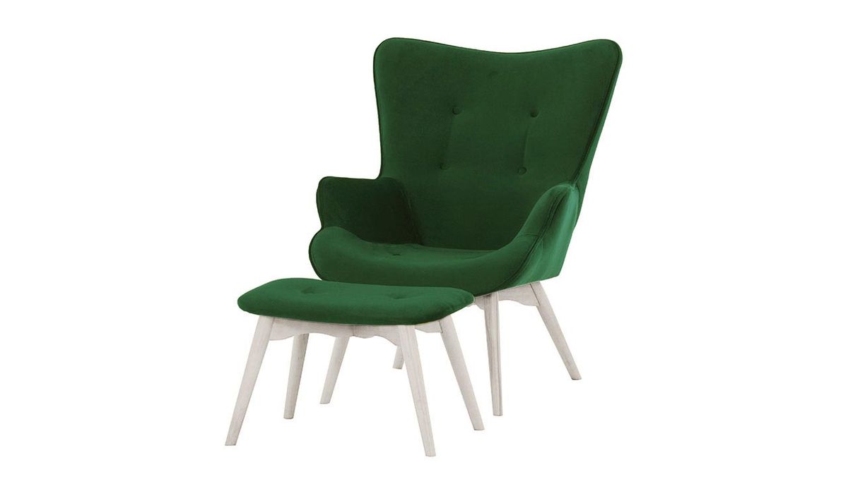 Fauteuil à oreilles avec repose-pied Ducan Velvet, vert bouteille - Kronos 14, Couleur des pieds: Blanc