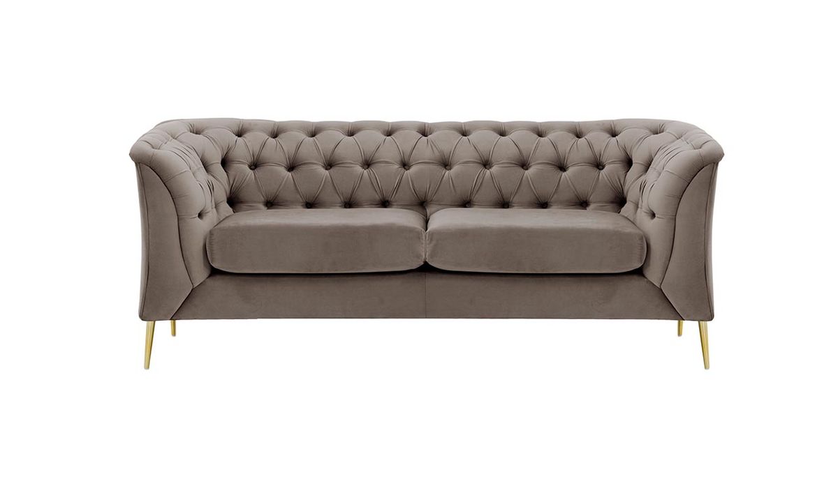 Canapé deux places Chesterfield Modern, gris éléphant - Velluto 17, Couleur des pieds: Métal doré