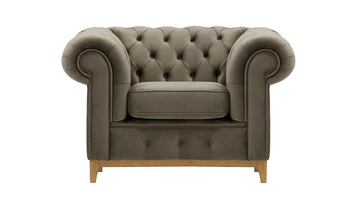 Fauteuil Chesterfield Grand, gris éléphant - Velluto 17, Couleur des pieds: Chêne clair