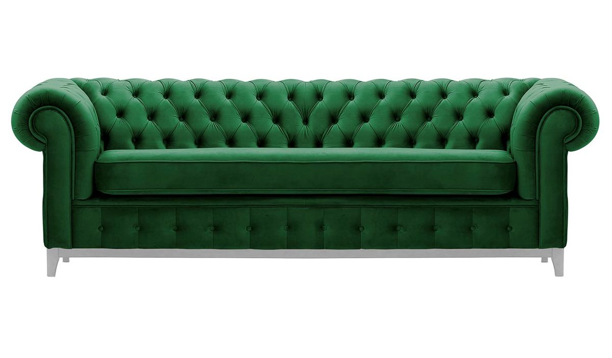 Canapé trois places Chesterfield Grand, vert foncé - Velluto 10, Couleur des pieds: Blanc