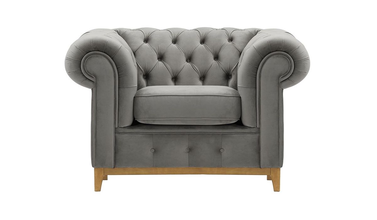 Fauteuil Chesterfield Grand, gris clair - Velluto 15, Couleur des pieds: Chêne clair