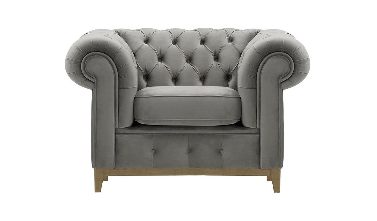 Fauteuil Chesterfield Grand, gris clair - Velluto 15, Couleur des pieds: Noir wax