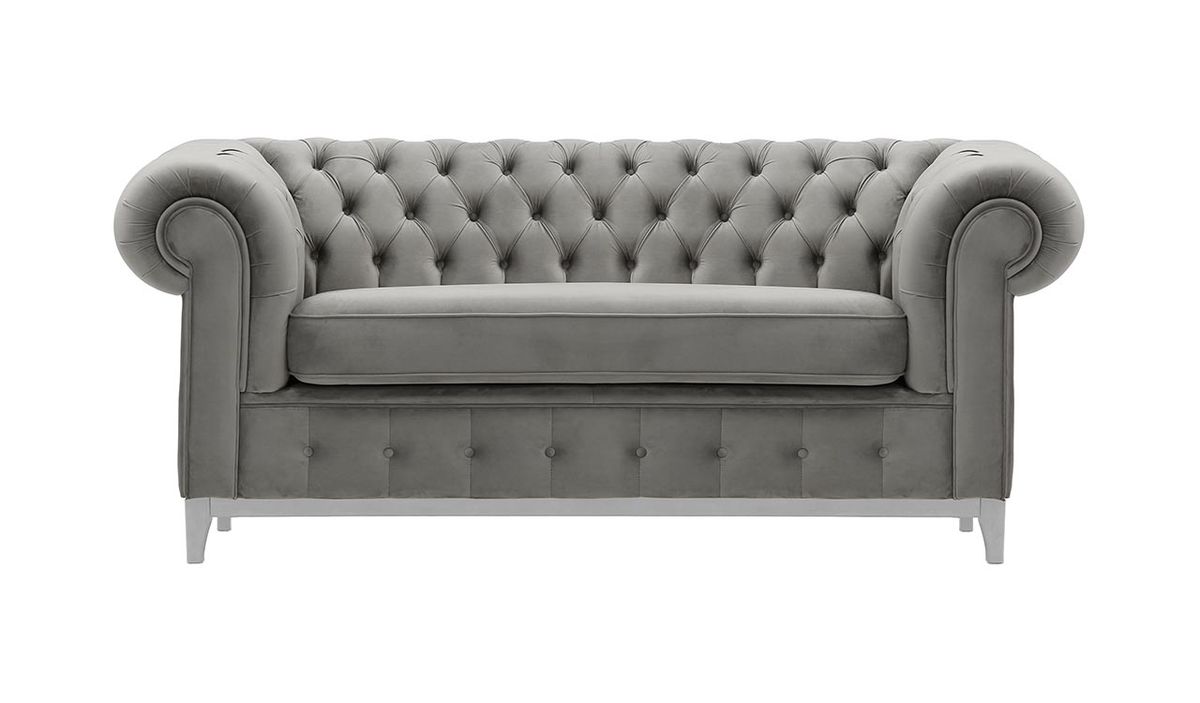 Canapé deux places Chesterfield Grand, gris clair - Velluto 15, Couleur des pieds: Blanc