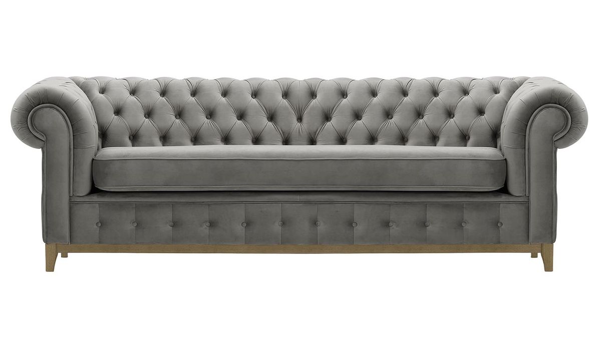 Canapé trois places Chesterfield Grand, gris clair - Velluto 15, Couleur des pieds: Noir wax