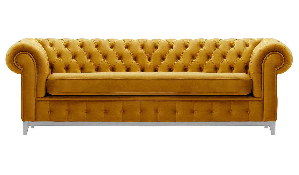 Canapé trois places Chesterfield Grand, moutarde - Velluto 8, Couleur des pieds: Blanc