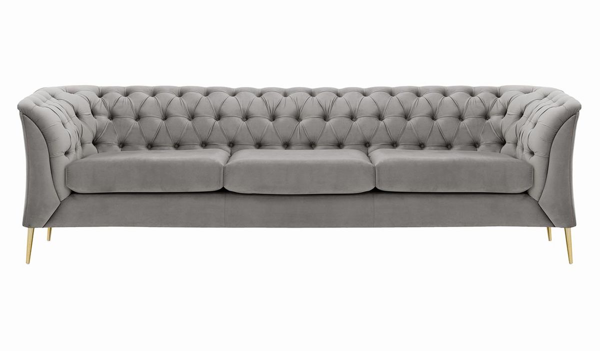 Canapé trois places Chesterfield Modern, gris clair - Velluto 15, Couleur des pieds: Métal doré