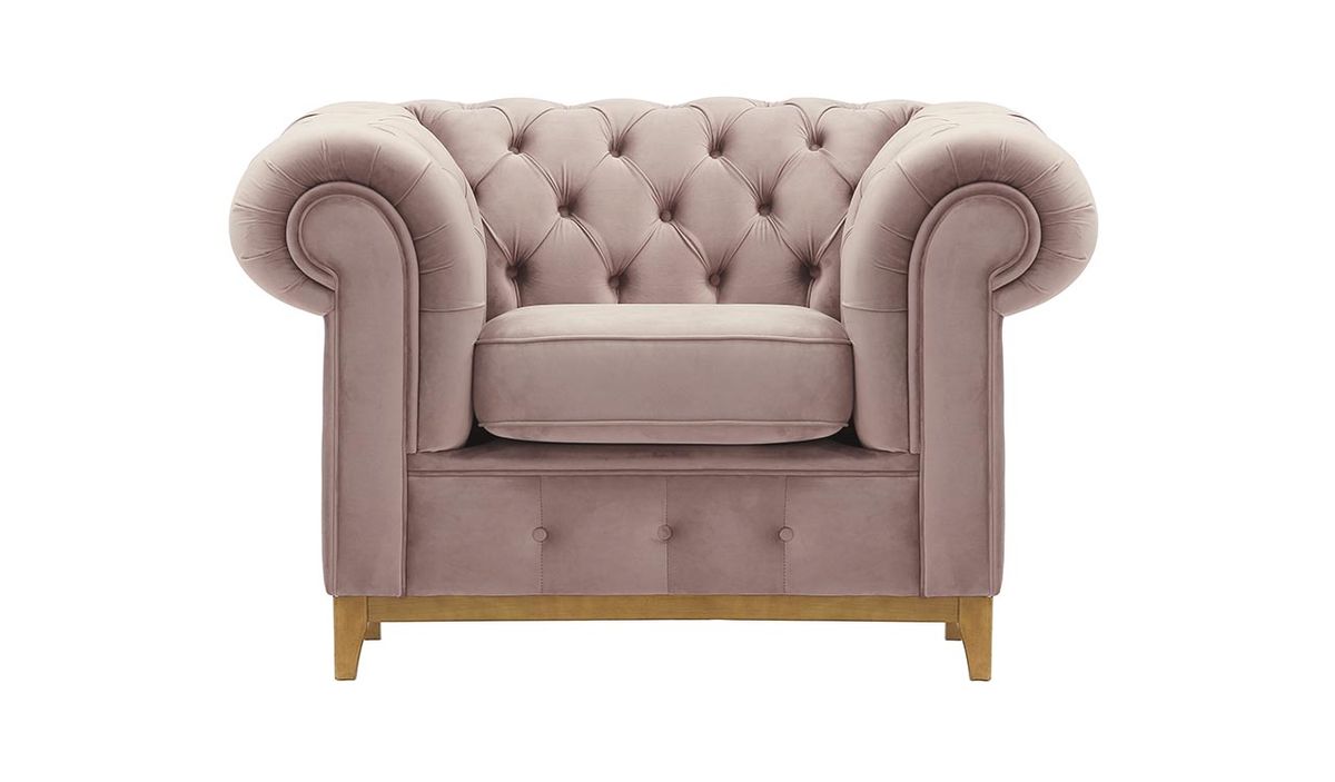 Fauteuil Chesterfield Grand, lila/rose - Velluto 14, Couleur des pieds: Chêne clair