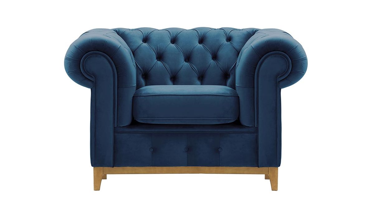 Fauteuil Chesterfield Grand, bleu - Velluto 11, Couleur des pieds: Chêne clair