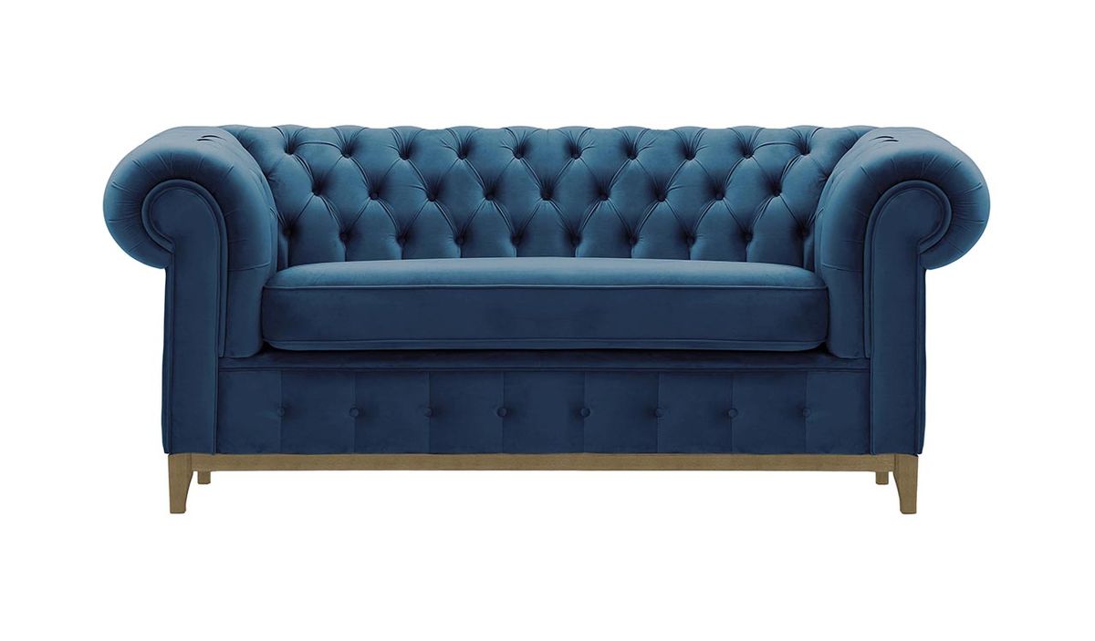 Canapé deux places Chesterfield Grand, bleu - Velluto 11, Couleur des pieds: Noir wax