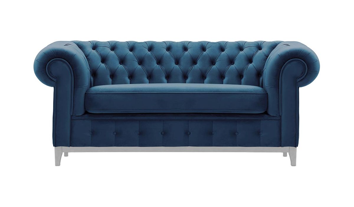Canapé deux places Chesterfield Grand, bleu - Velluto 11, Couleur des pieds: Blanc