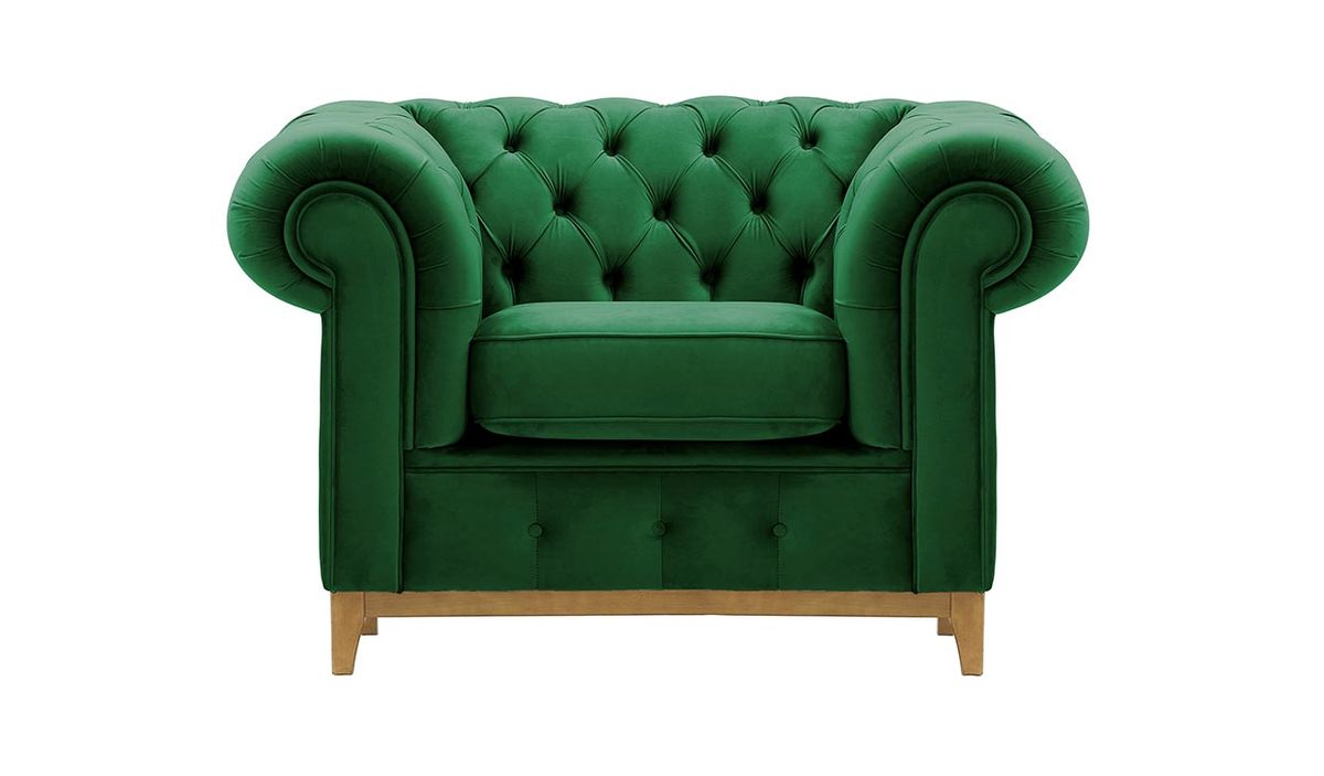 Fauteuil Chesterfield Grand, vert foncé - Velluto 10, Couleur des pieds: Chêne clair