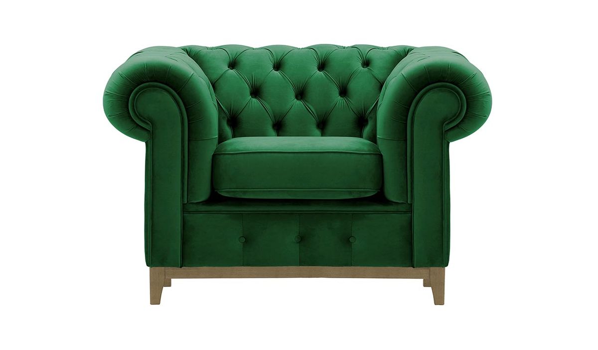 Fauteuil Chesterfield Grand, vert foncé - Velluto 10, Couleur des pieds: Noir wax