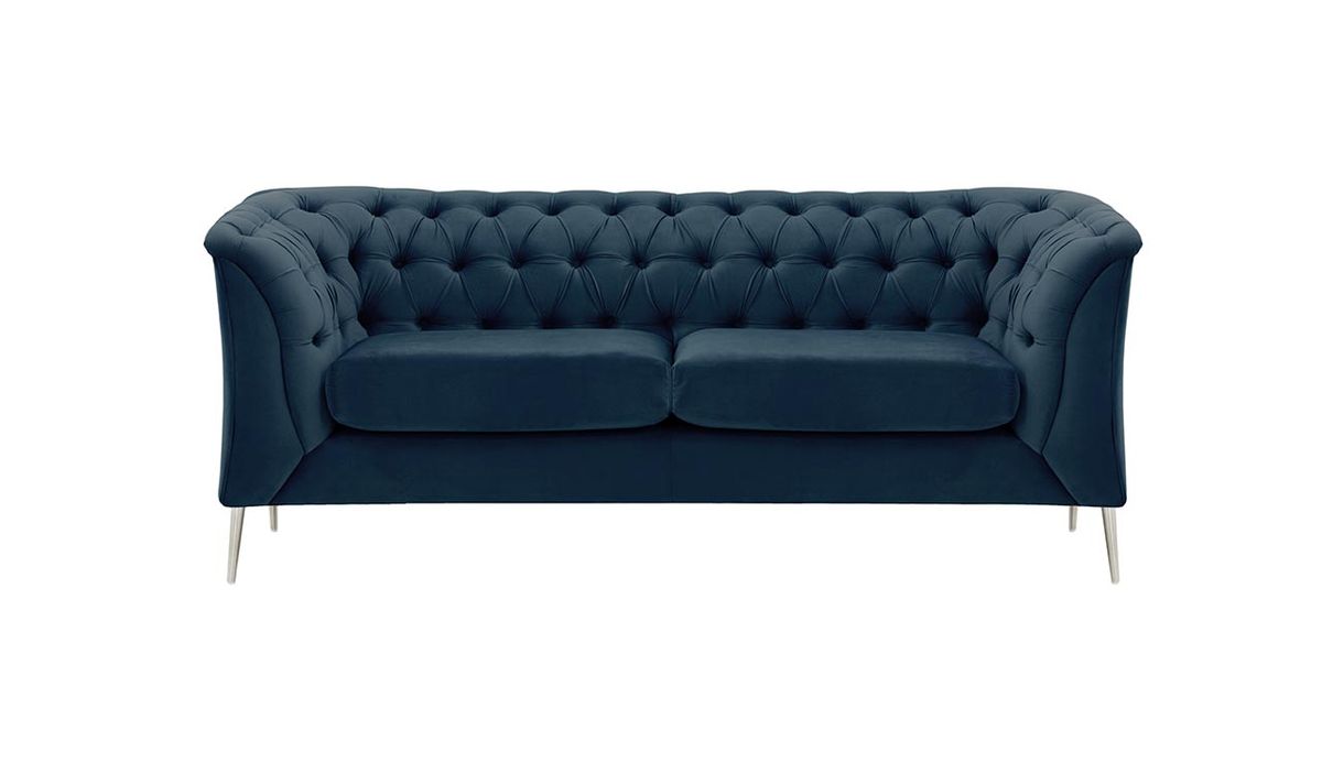 Canapé deux places Chesterfield Modern, bleu - Velluto 11, Couleur des pieds: Métal chromé