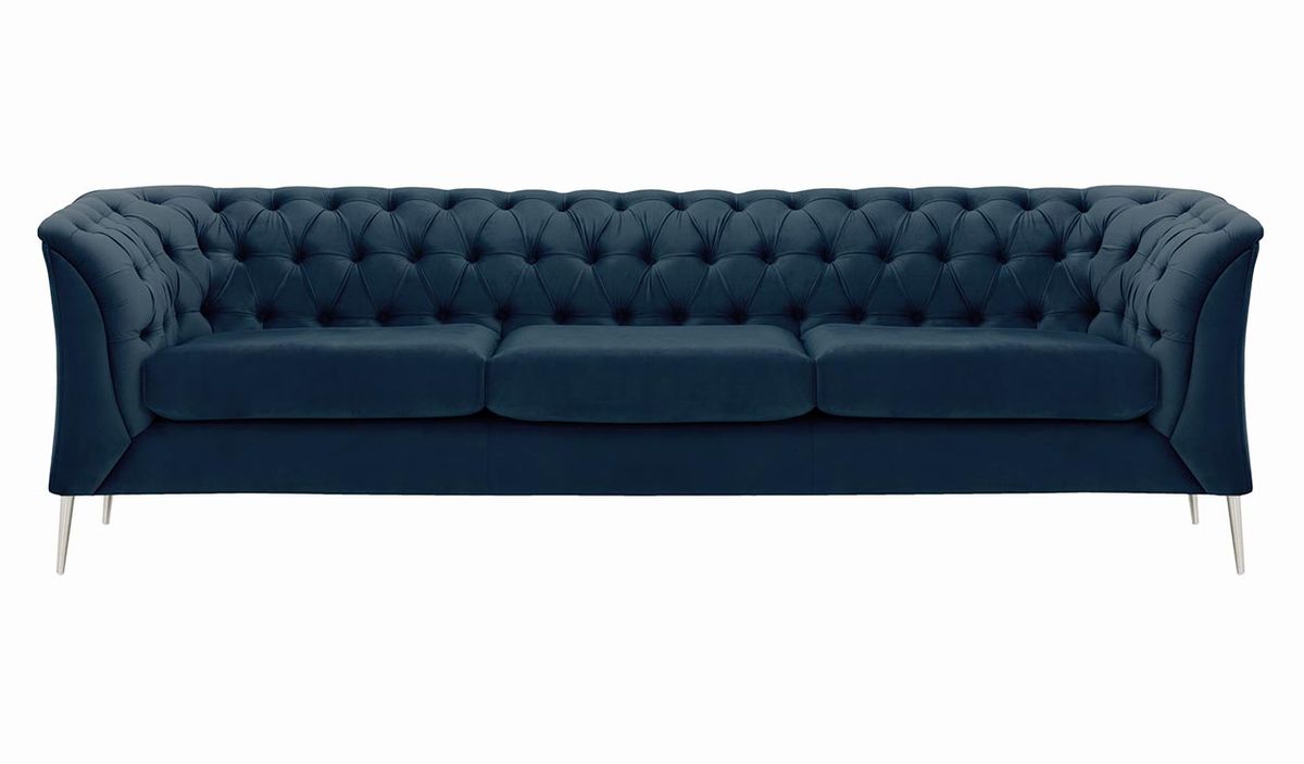 Canapé trois places Chesterfield Modern, bleu - Velluto 11, Couleur des pieds: Métal chromé