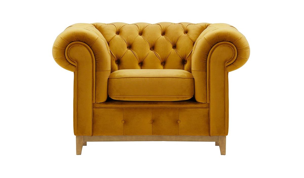 Fauteuil Chesterfield Grand, moutarde - Velluto 8, Couleur des pieds: Chêne clair