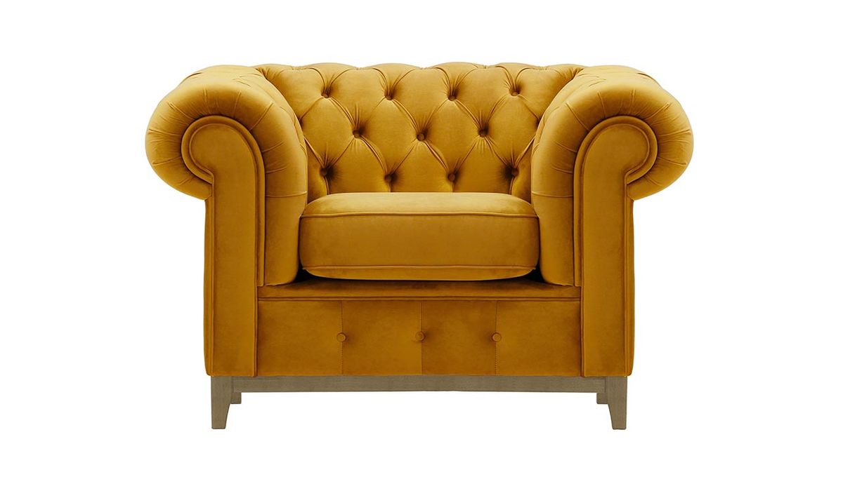 Fauteuil Chesterfield Grand, moutarde - Velluto 8, Couleur des pieds: Noir wax