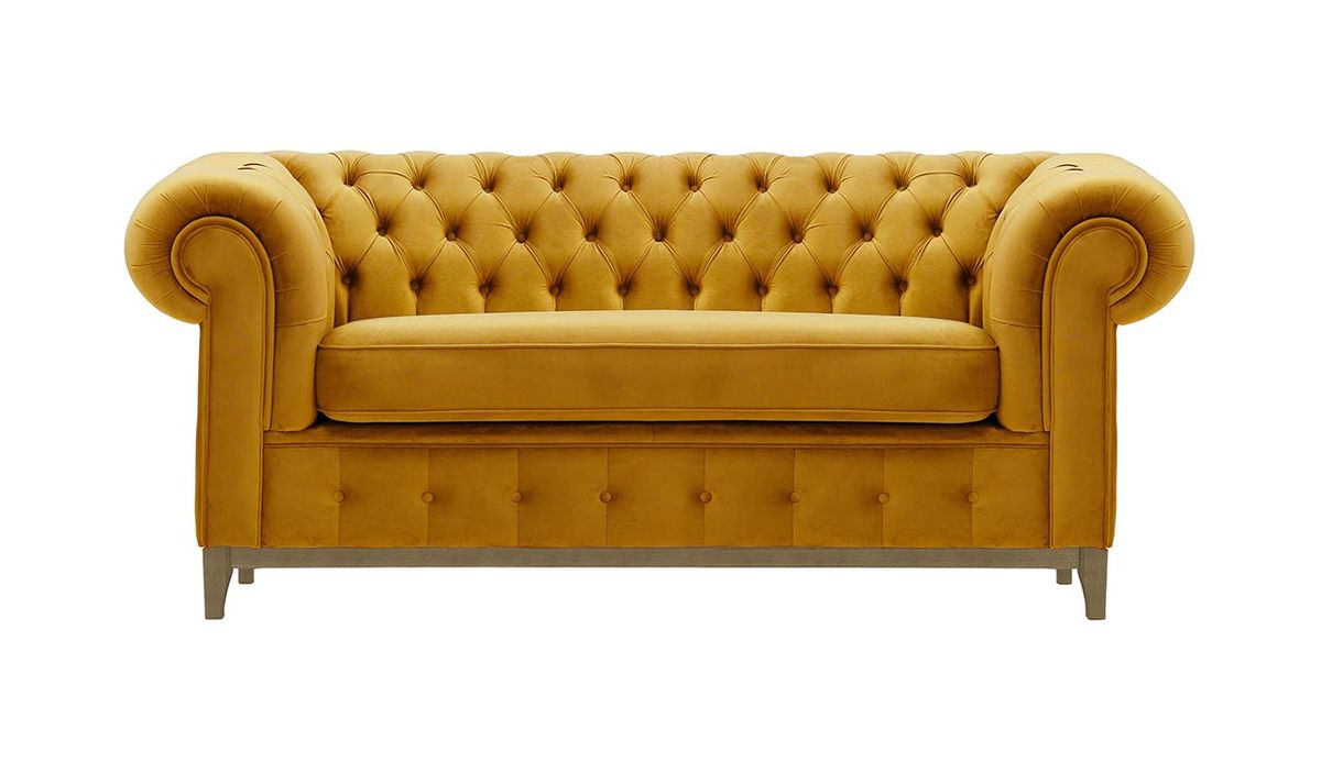 Canapé deux places Chesterfield Grand, moutarde - Velluto 8, Couleur des pieds: Noir wax
