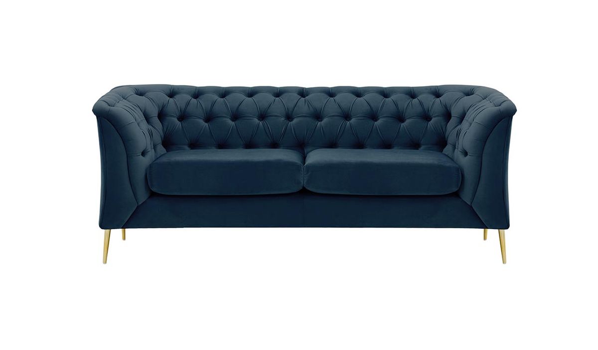 Canapé deux places Chesterfield Modern, bleu - Velluto 11, Couleur des pieds: Métal doré