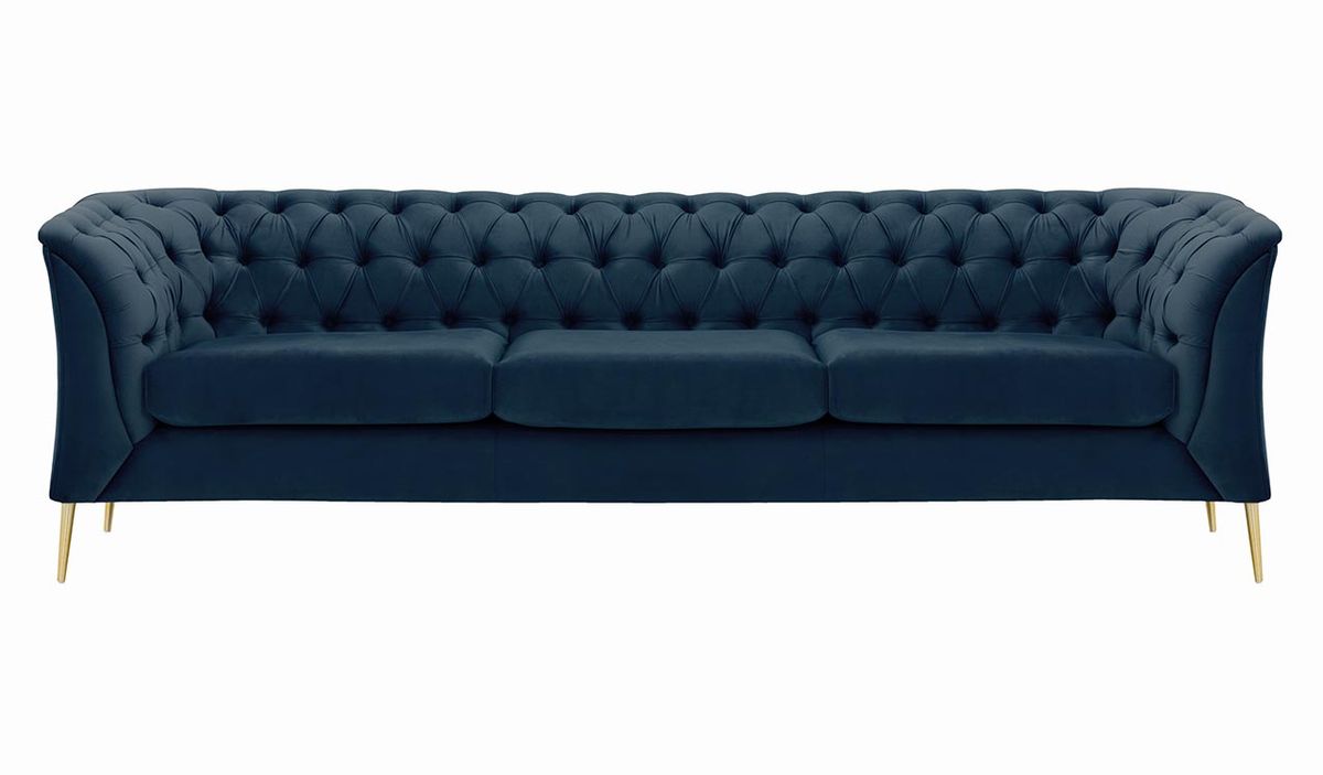Canapé trois places Chesterfield Modern, bleu - Velluto 11, Couleur des pieds: Métal doré