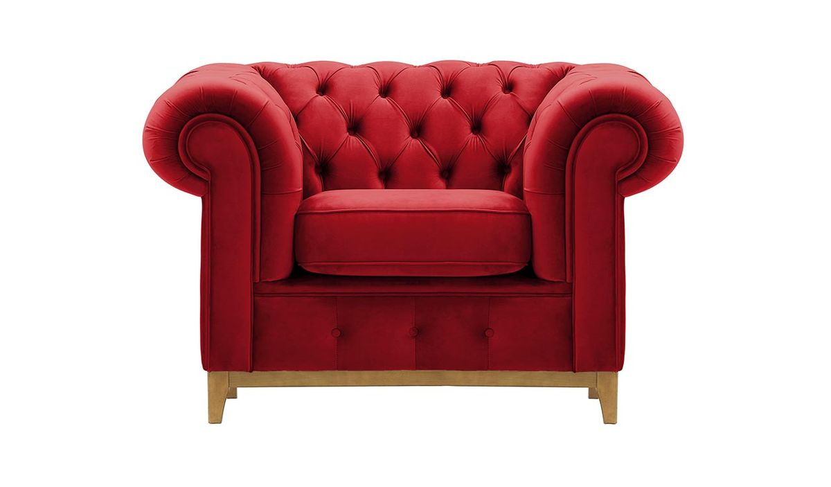 Fauteuil Chesterfield Grand, rouge - Velluto 7, Couleur des pieds: Chêne clair