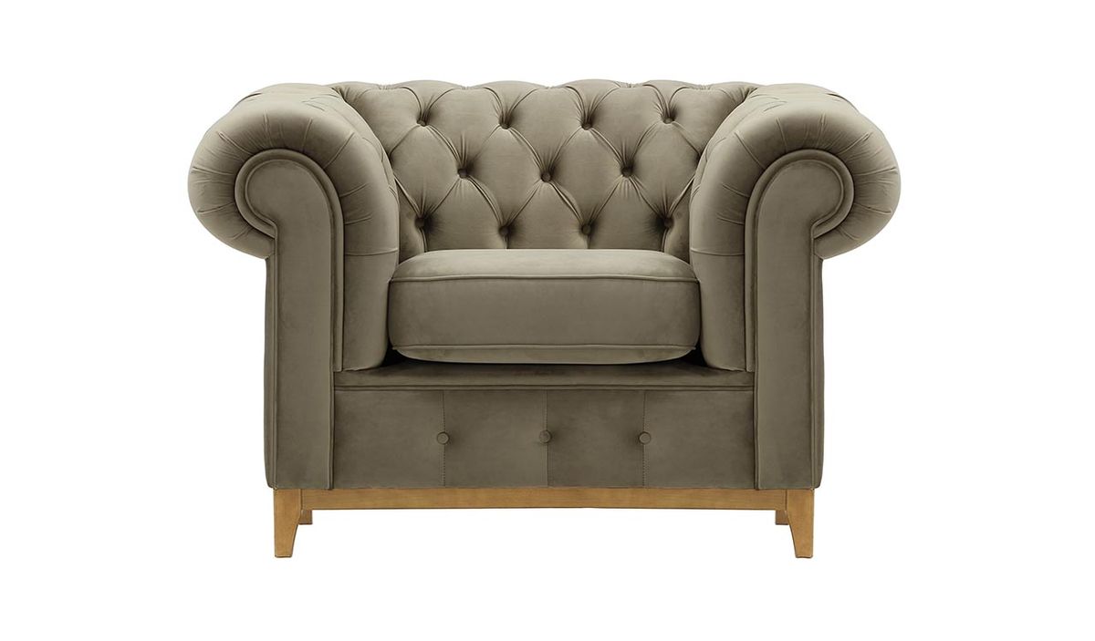 Fauteuil Chesterfield Grand, beige - Velluto 3, Couleur des pieds: Chêne clair