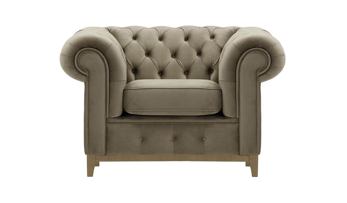 Fauteuil Chesterfield Grand, beige - Velluto 3, Couleur des pieds: Noir wax