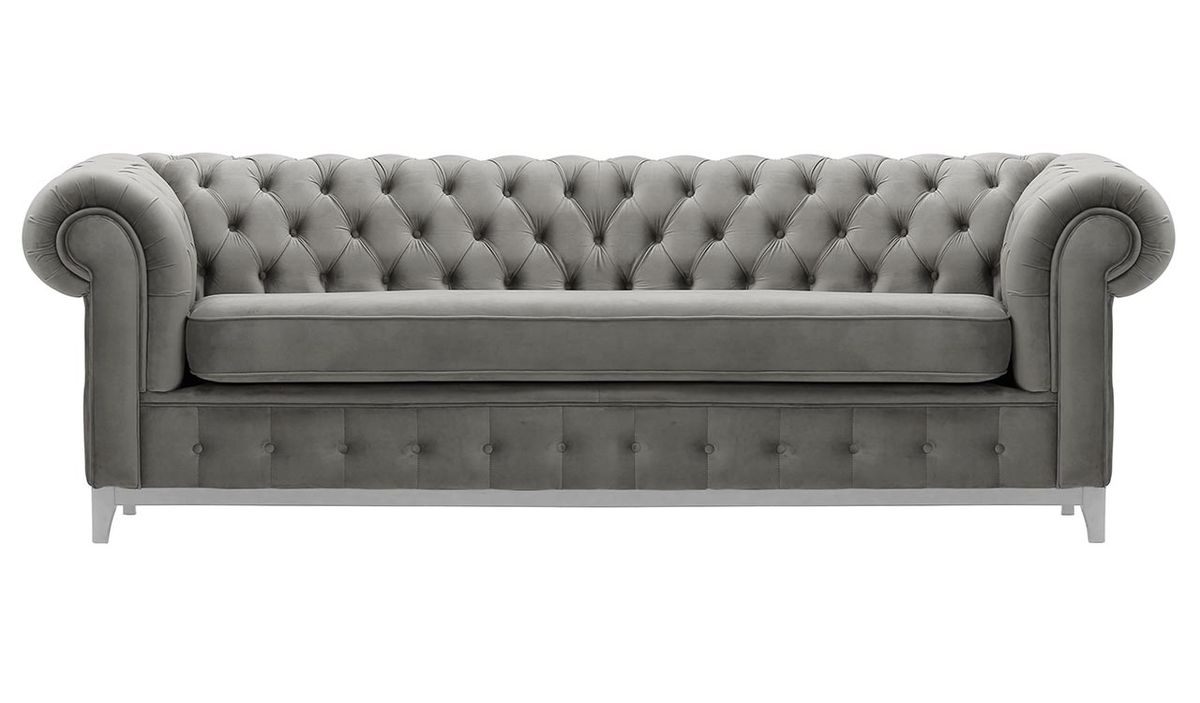 Canapé trois places Chesterfield Grand, gris clair - Velluto 15, Couleur des pieds: Blanc