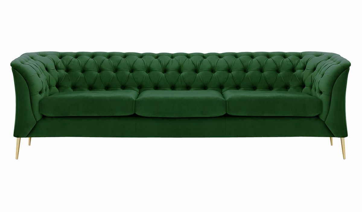 Canapé trois places Chesterfield Modern, vert foncé - Velluto 10, Couleur des pieds: Métal doré