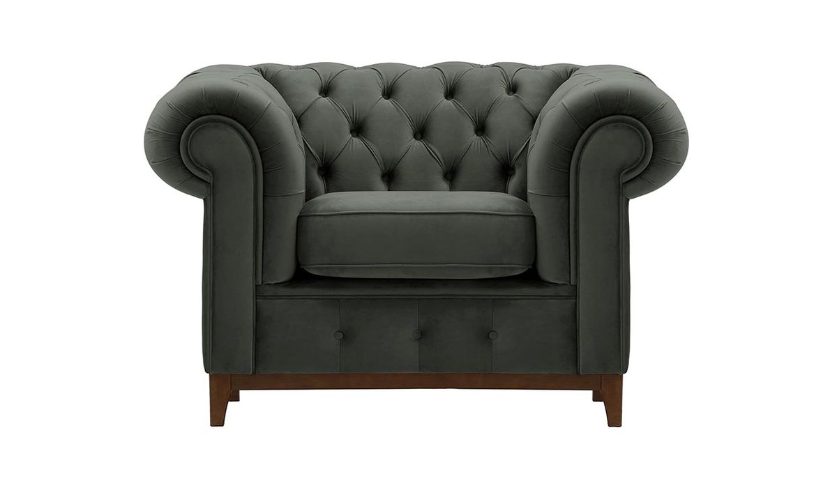 Fauteuil Chesterfield Grand, graphite - Velluto 19, Couleur des pieds: Chêne foncé
