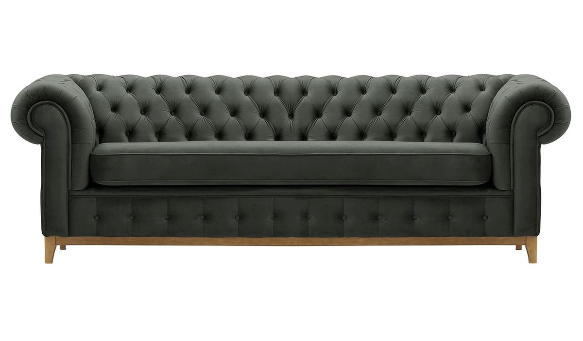 Canapé trois places Chesterfield Grand, graphite - Velluto 19, Couleur des pieds: Chêne clair