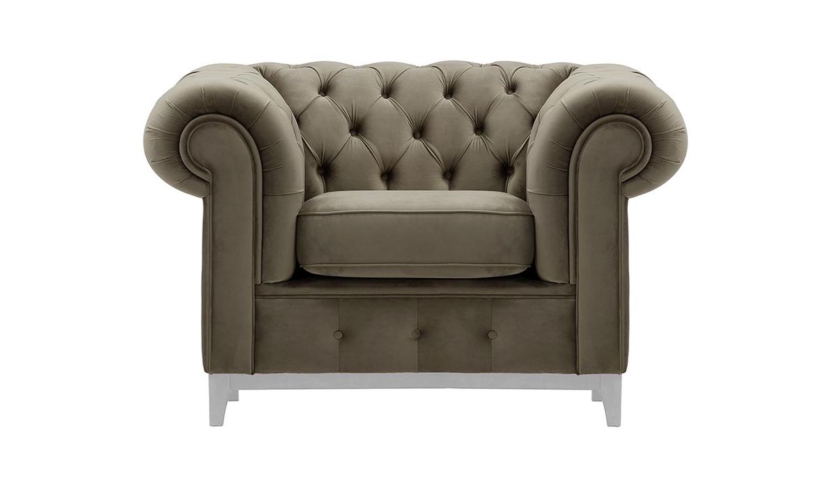 Fauteuil Chesterfield Grand, gris éléphant - Velluto 17, Couleur des pieds: Blanc