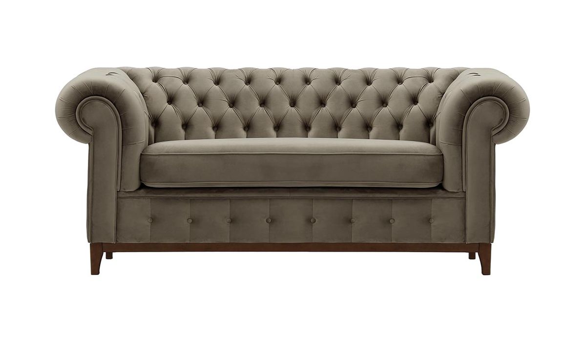 Canapé deux places Chesterfield Grand, gris éléphant - Velluto 17, Couleur des pieds: Chêne foncé