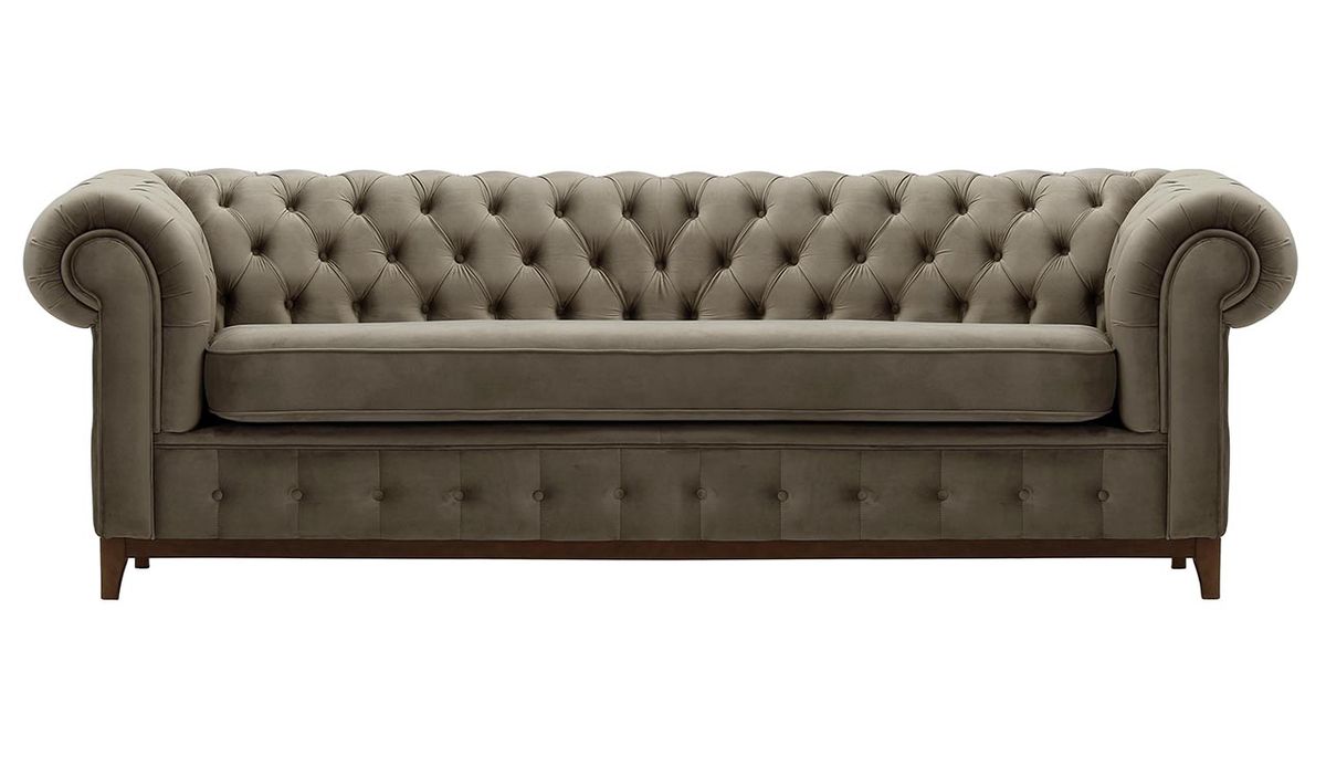 Canapé trois places Chesterfield Grand, gris éléphant - Velluto 17, Couleur des pieds: Chêne foncé