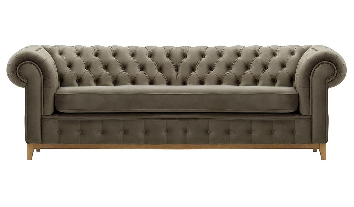 Canapé trois places Chesterfield Grand, gris éléphant - Velluto 17, Couleur des pieds: Chêne clair