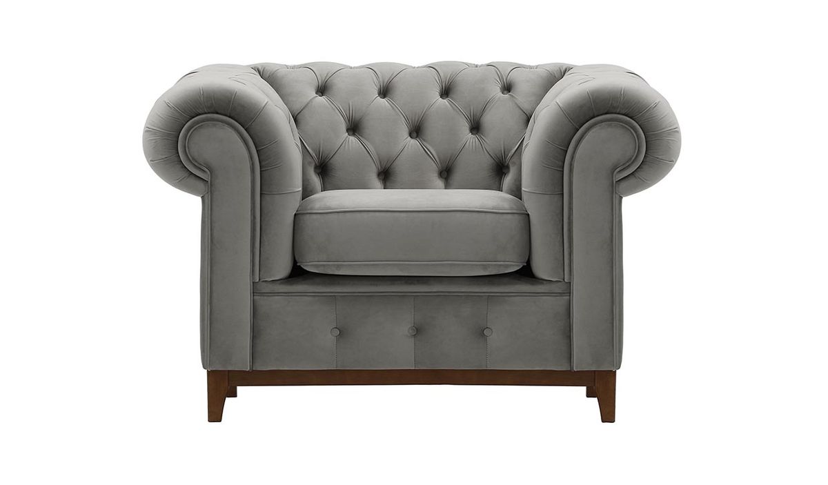 Fauteuil Chesterfield Grand, gris clair - Velluto 15, Couleur des pieds: Chêne foncé