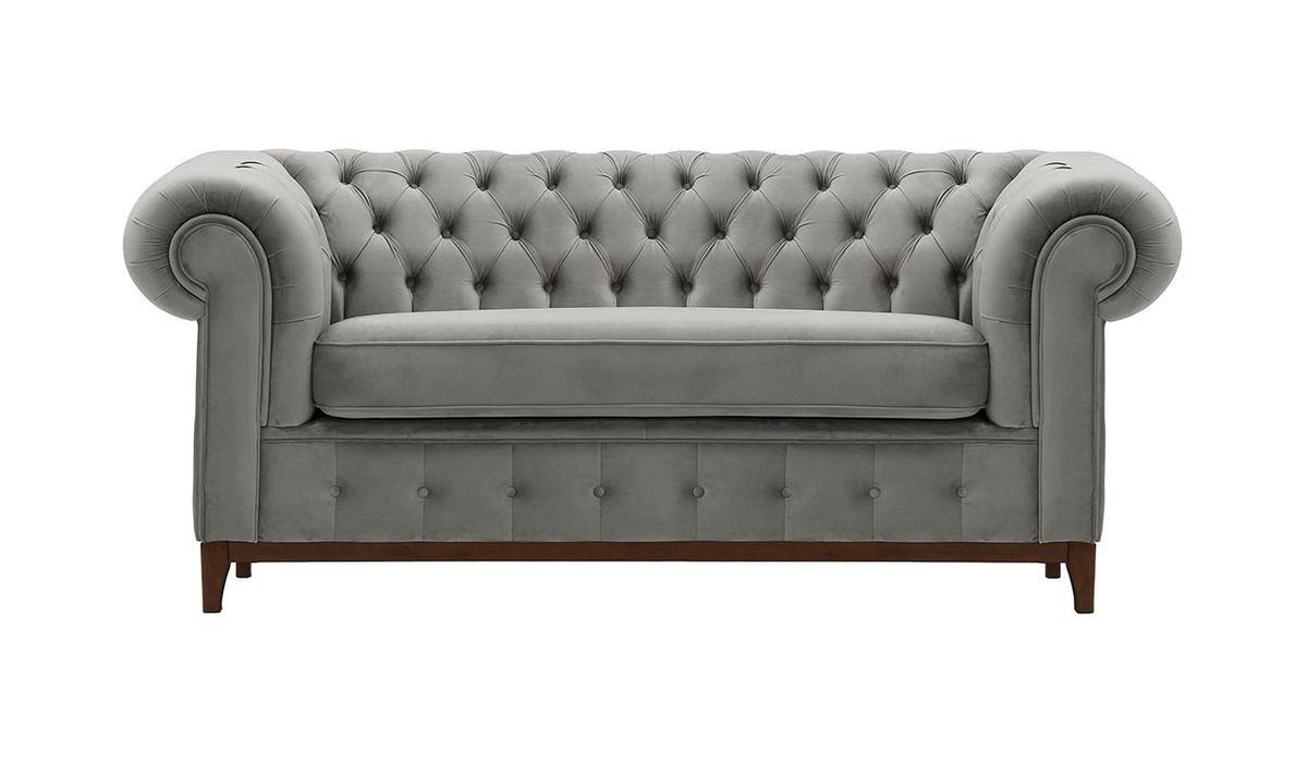 Canapé deux places Chesterfield Grand, gris clair - Velluto 15, Couleur des pieds: Chêne foncé