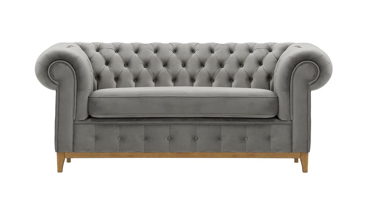 Canapé deux places Chesterfield Grand, gris clair - Velluto 15, Couleur des pieds: Chêne clair