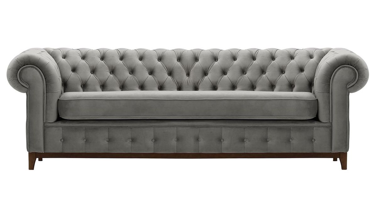 Canapé trois places Chesterfield Grand, gris clair - Velluto 15, Couleur des pieds: Chêne foncé