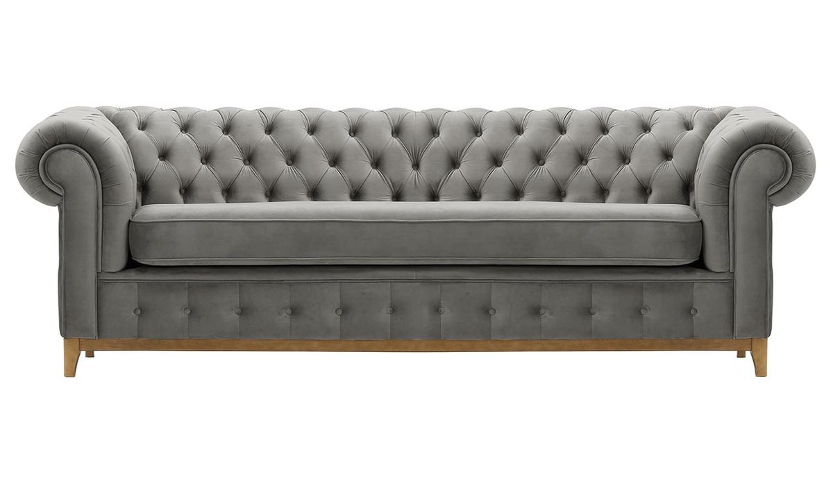 Canapé trois places Chesterfield Grand, gris clair - Velluto 15, Couleur des pieds: Chêne clair