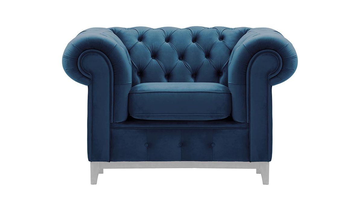 Fauteuil Chesterfield Grand, bleu - Velluto 11, Couleur des pieds: Blanc
