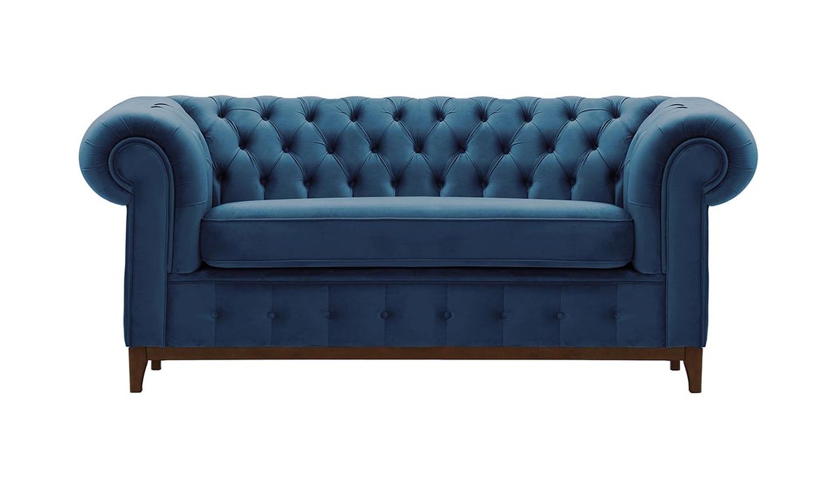 Canapé deux places Chesterfield Grand, bleu - Velluto 11, Couleur des pieds: Chêne foncé