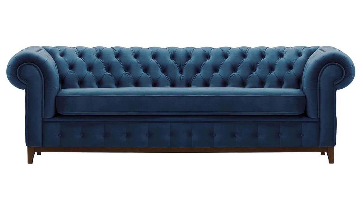 Canapé trois places Chesterfield Grand, bleu - Velluto 11, Couleur des pieds: Chêne foncé