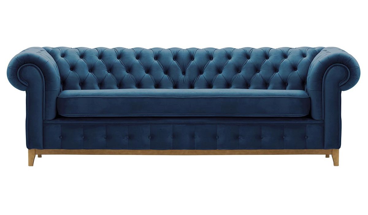 Canapé trois places Chesterfield Grand, bleu - Velluto 11, Couleur des pieds: Chêne clair