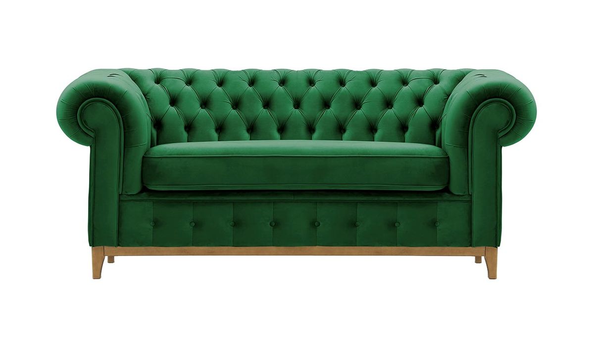 Canapé deux places Chesterfield Grand, vert foncé - Velluto 10, Couleur des pieds: Chêne clair