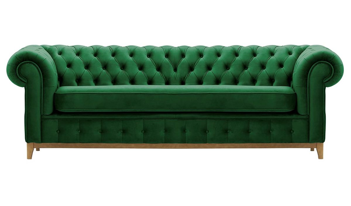 Canapé trois places Chesterfield Grand, vert foncé - Velluto 10, Couleur des pieds: Chêne clair